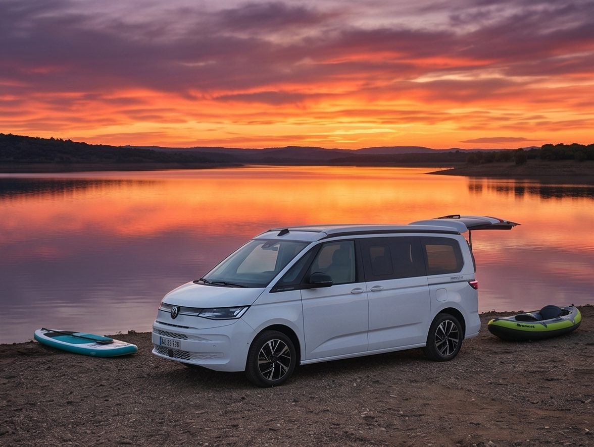 California junto a un embalse al atardecer con paddle surf y kayak
